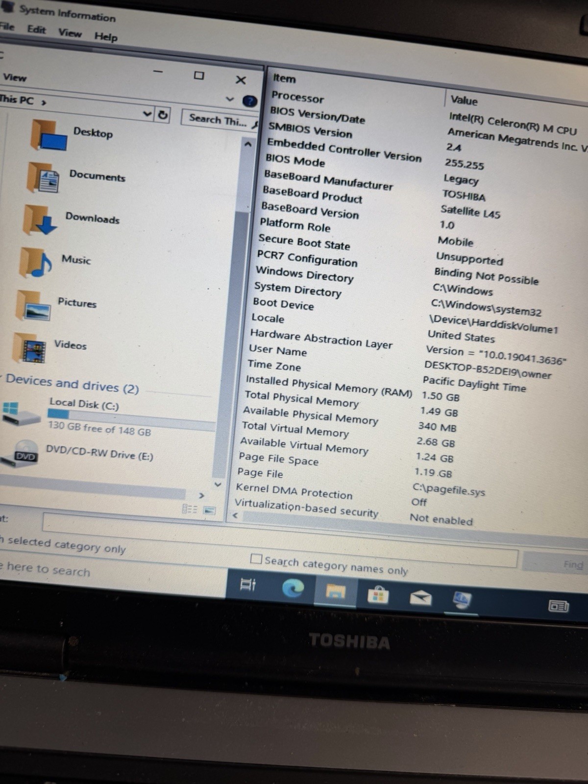 Toshiba Satellite L45, 1.4gIntel Intel Celeron 1.5GB Ram 160gb Batt No AC.