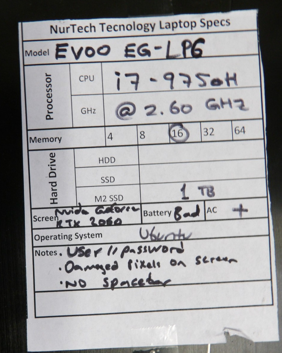 EVOO EG-LP6 i7-9750H 2.60GHz RTX2060, 16GB RAM, 1 TB M2SSD, Ubuntu Gaming Laptop
