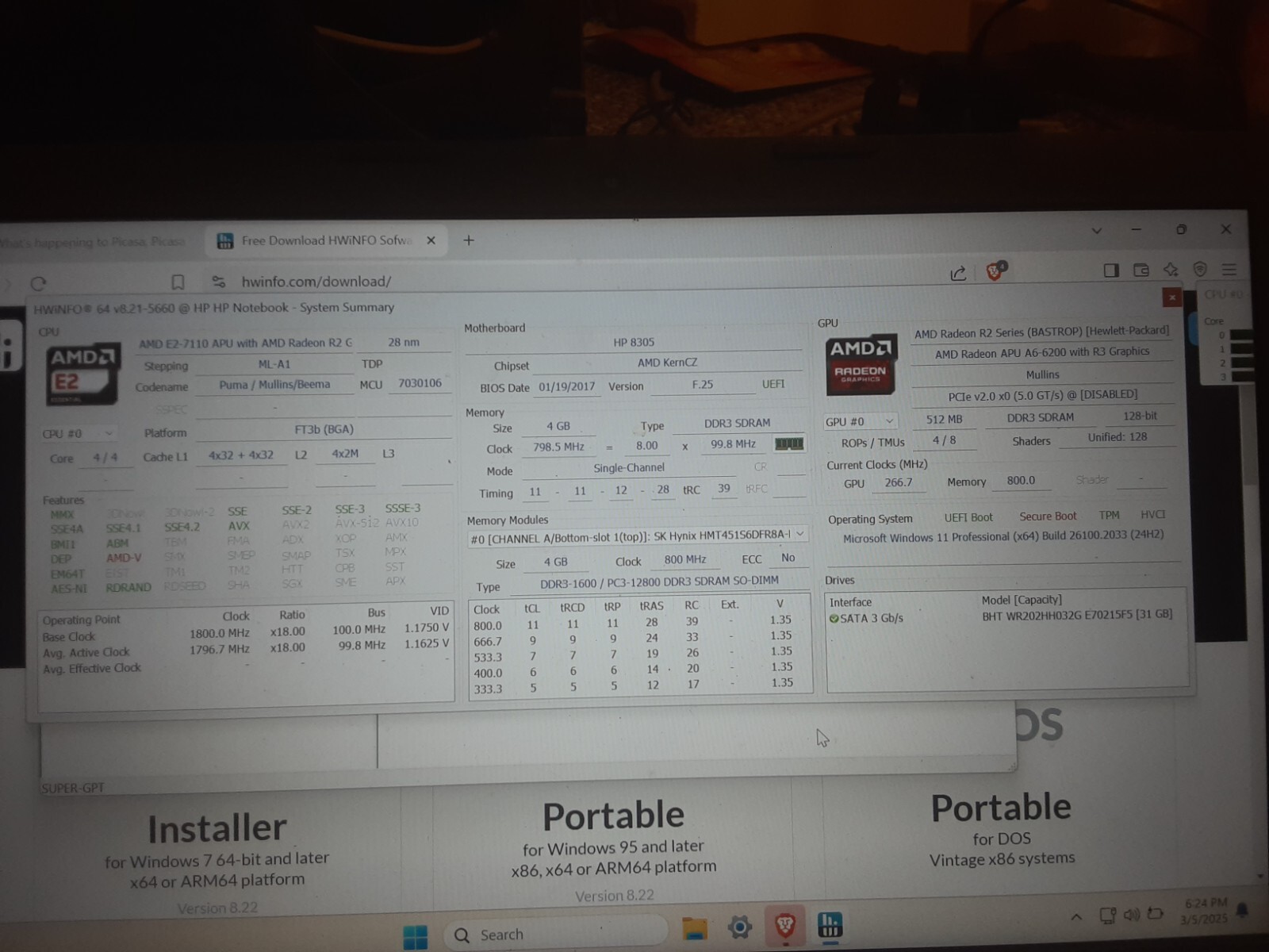 BAD Batt – HP 8305 Notebook 4GB RAM, 32GB SSD AMD Radeon APU A6-6200 R3 Graphics