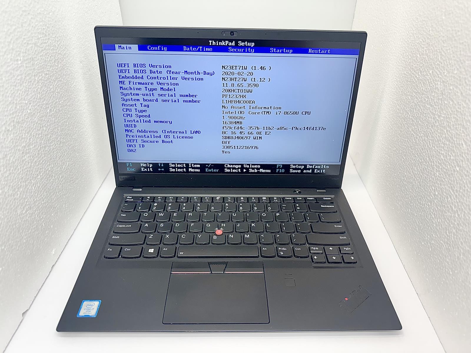 Lenovo ThinkPad X1 Carbon Gen 6, Intel Core i7-8650U @ 1.90GHz, 16GB, 1.02TB