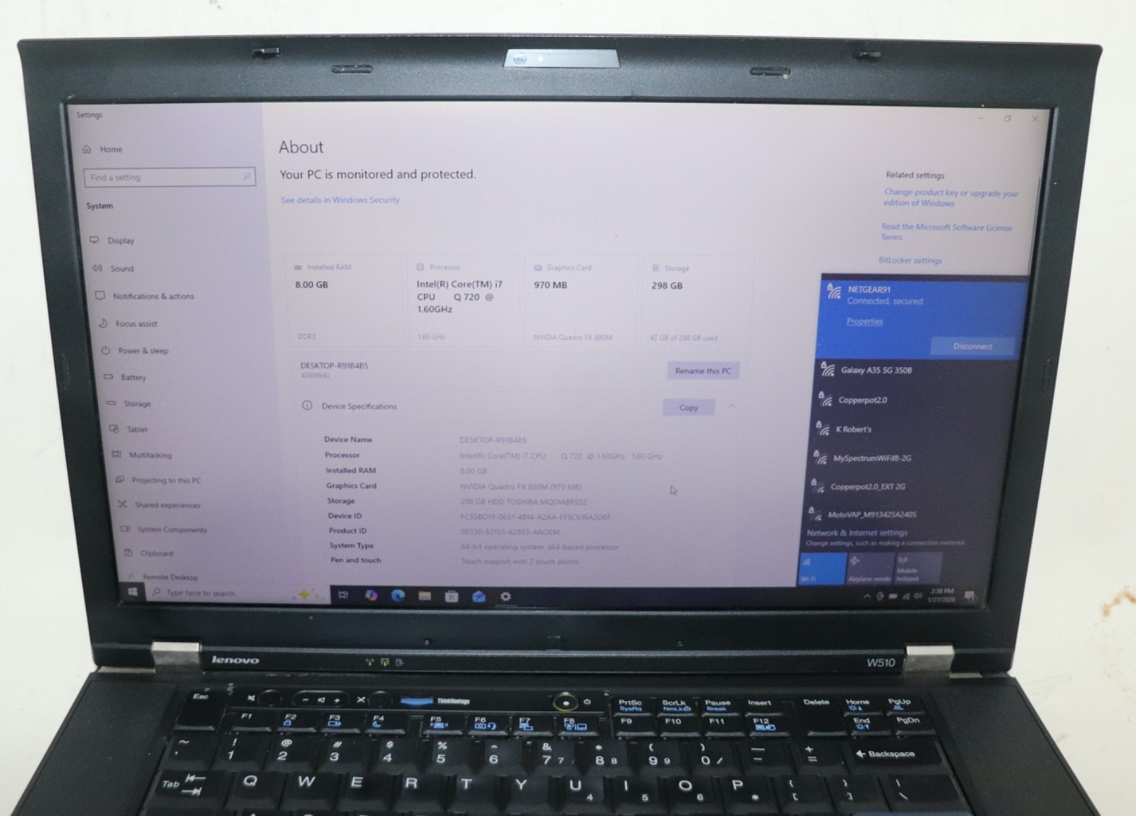 Lenovo ThinkPad W510|Core i7@1.60 GHz|8GB RAM 320GBHDD|WIN 10.PROF|NVIDIA|Webcam