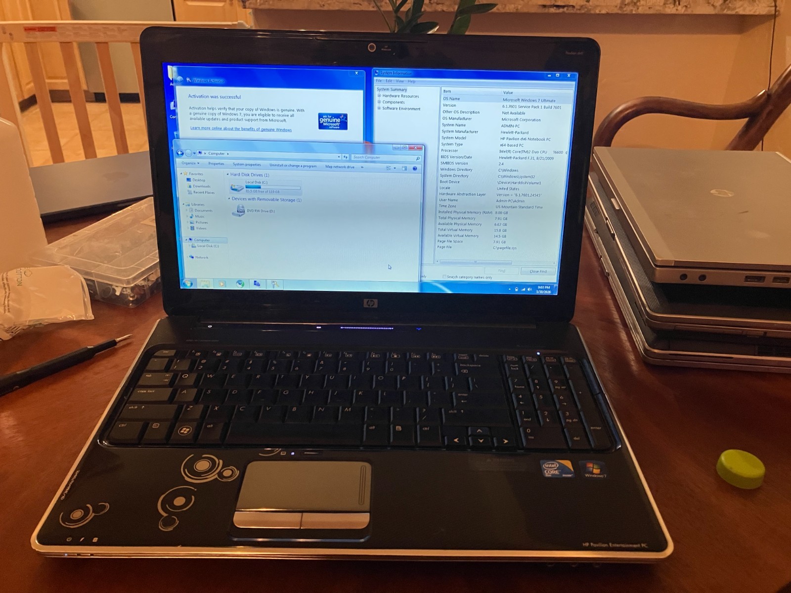 HP Pavilion dv6 Laptop Core 2 Duo 2.2GHz 8GB RAM 120GB SSD Win 7 Wifi w/Charger