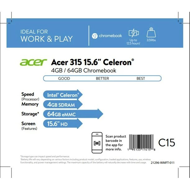 Acer Chromebook 315, 15.6″ HD, Intel Celeron N4000, 4GB LPDDR4,Pure Silver,