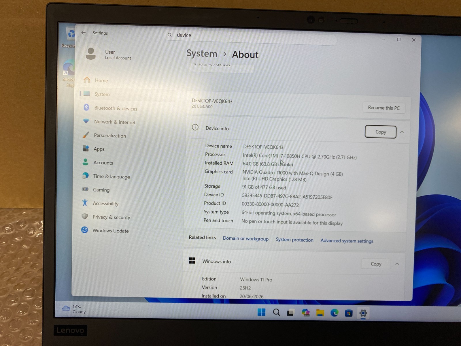 Lenovo ThinkPad P1 Gen 3 – i7‑10850H | 64GB RAM | 512GB SSD | Quadro T1000