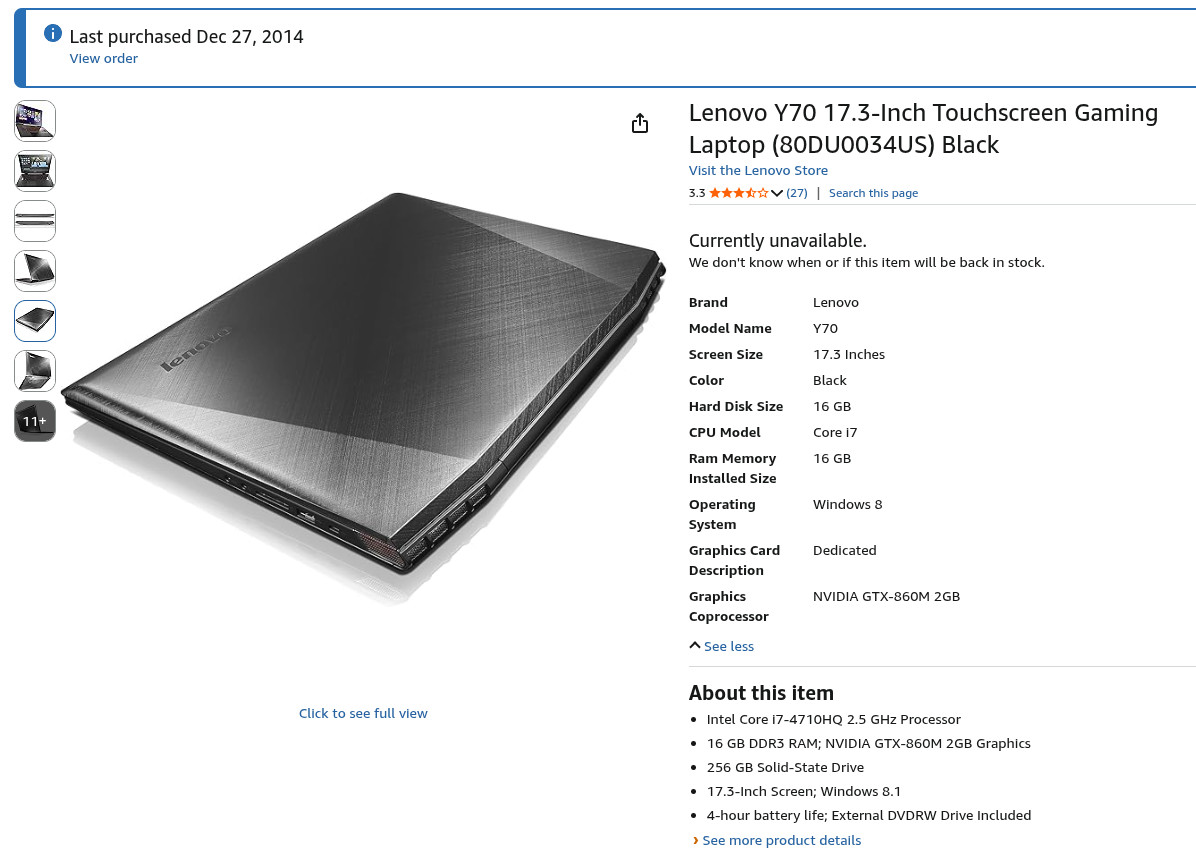 Lenovo Y70 17.3-Inch Touchscreen Gaming Laptop (80DU0034US) Black CachyOS Linux