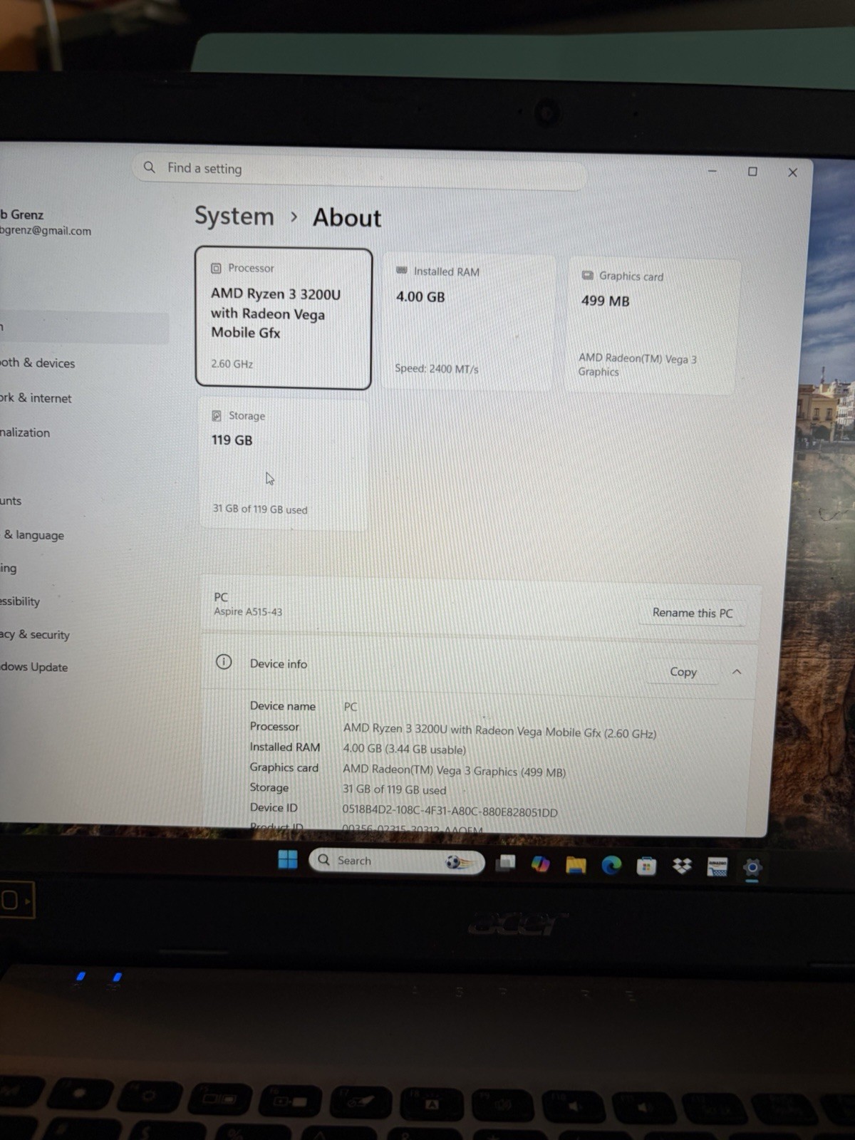 Acer Aspire 5 A515-43-15.6″FHD AMD Ryzen 3 3200U 2.6GHz 4GB RAM