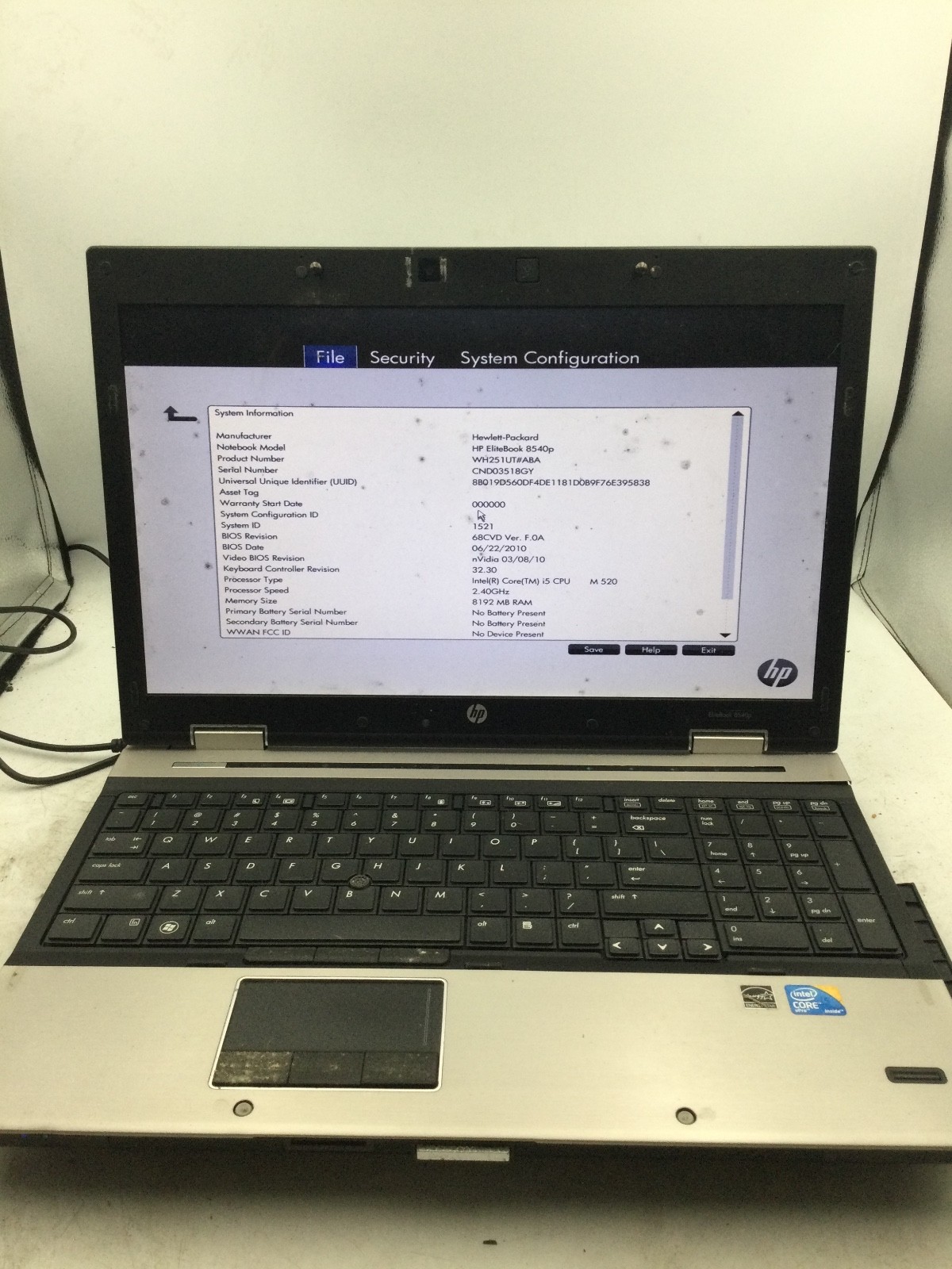 HP ELITEBOOK 8540P – BOOTS TO BIOS – INTEL I5 M520 – 8GB RAM – 15″ – READ – BB