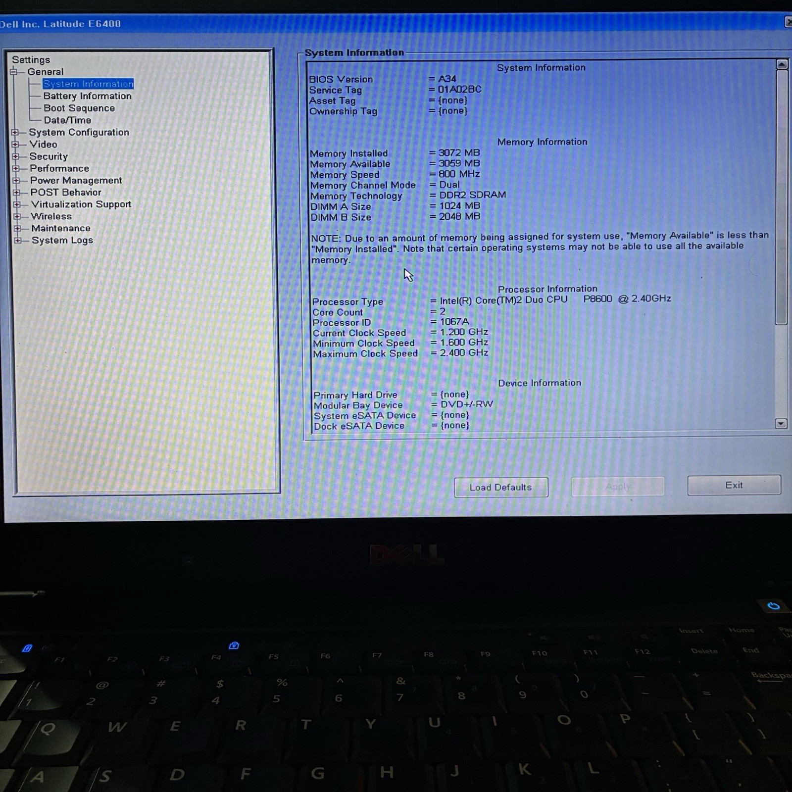 Dell Latitude E6400 Intel Core 2 Duo P8600 2.4GHz 3GB NO HDD Boots To Bios AS-IS
