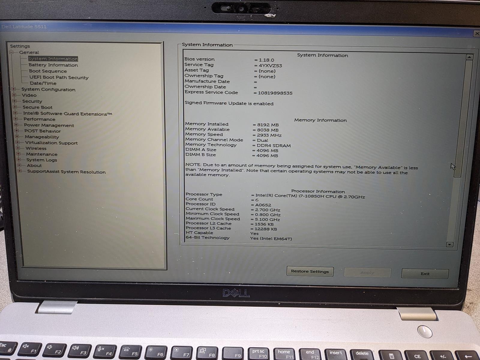 DELL LATITUDE 5511 i7-10850H @ 2.70 GHz, 8GB RAM, NO HDD/OS