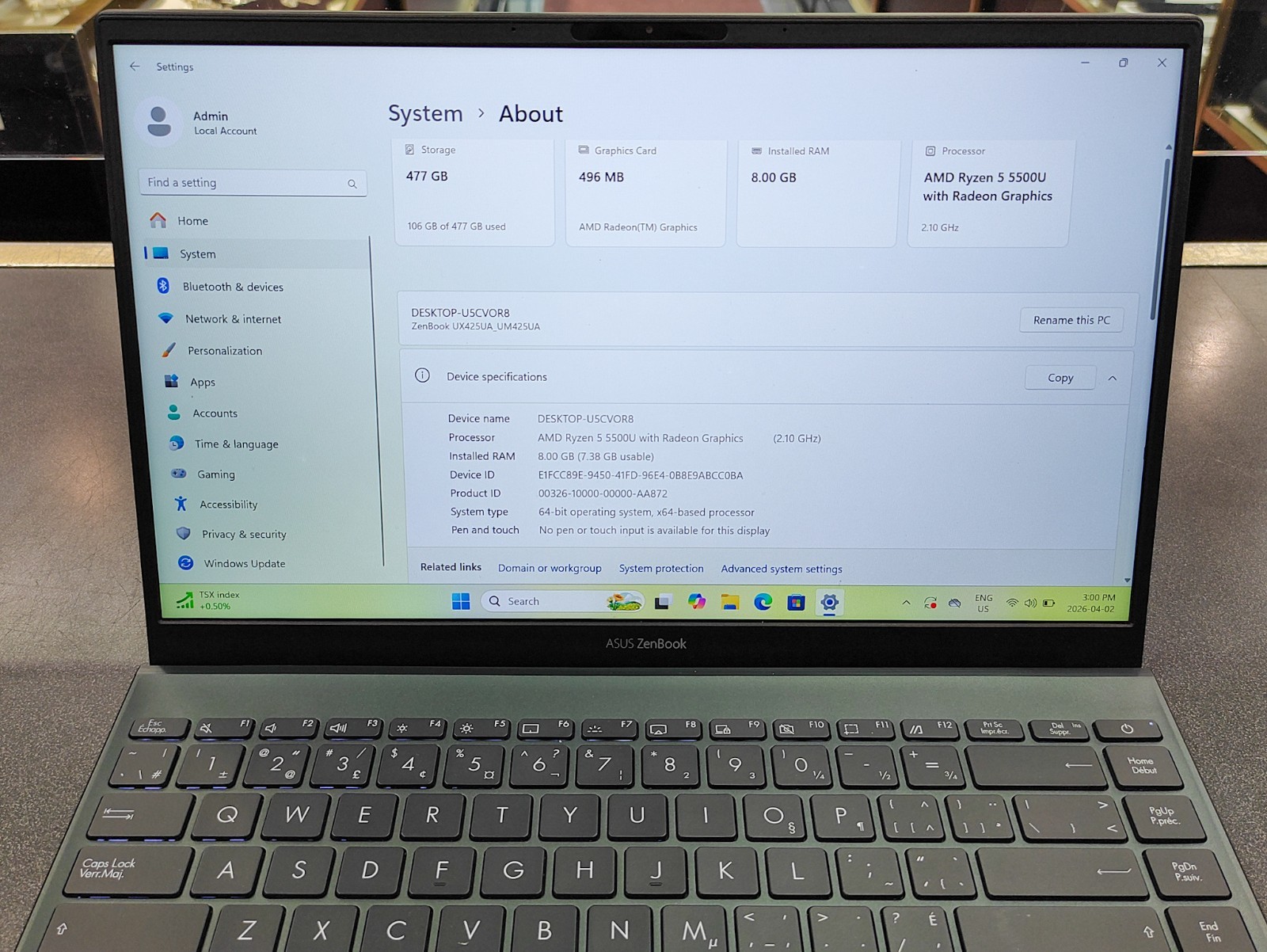 Asus Zenbook 14 (UM425UA) 14″ FHD Laptop with AMD Ryzen 5 5500U/8GB/512GB/Win11