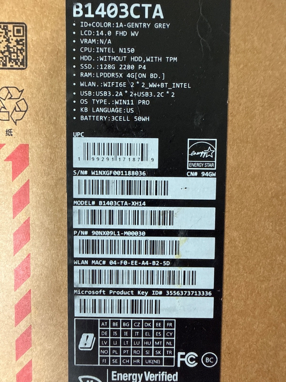 ASUS ExpertBook B1 B1403CTA-XH14 Win 11 Intel N150 0.8GHz 4GB RAM 128GB SSD 14″