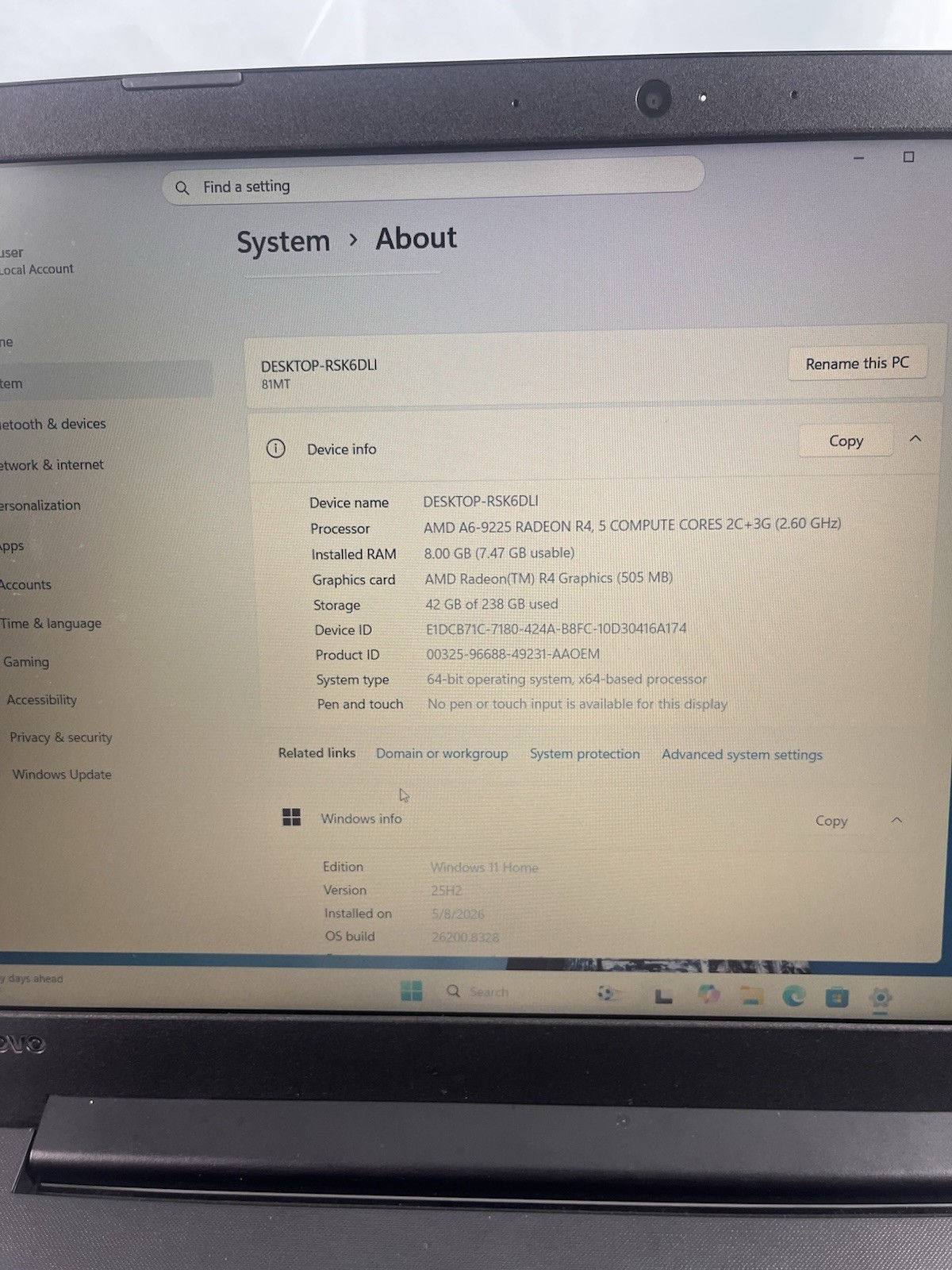 Lenovo V145-15AST | AMD A6-9225 | 8GB RAM | 256GB SSD | Windows 11 | Wi-Fi | Cha