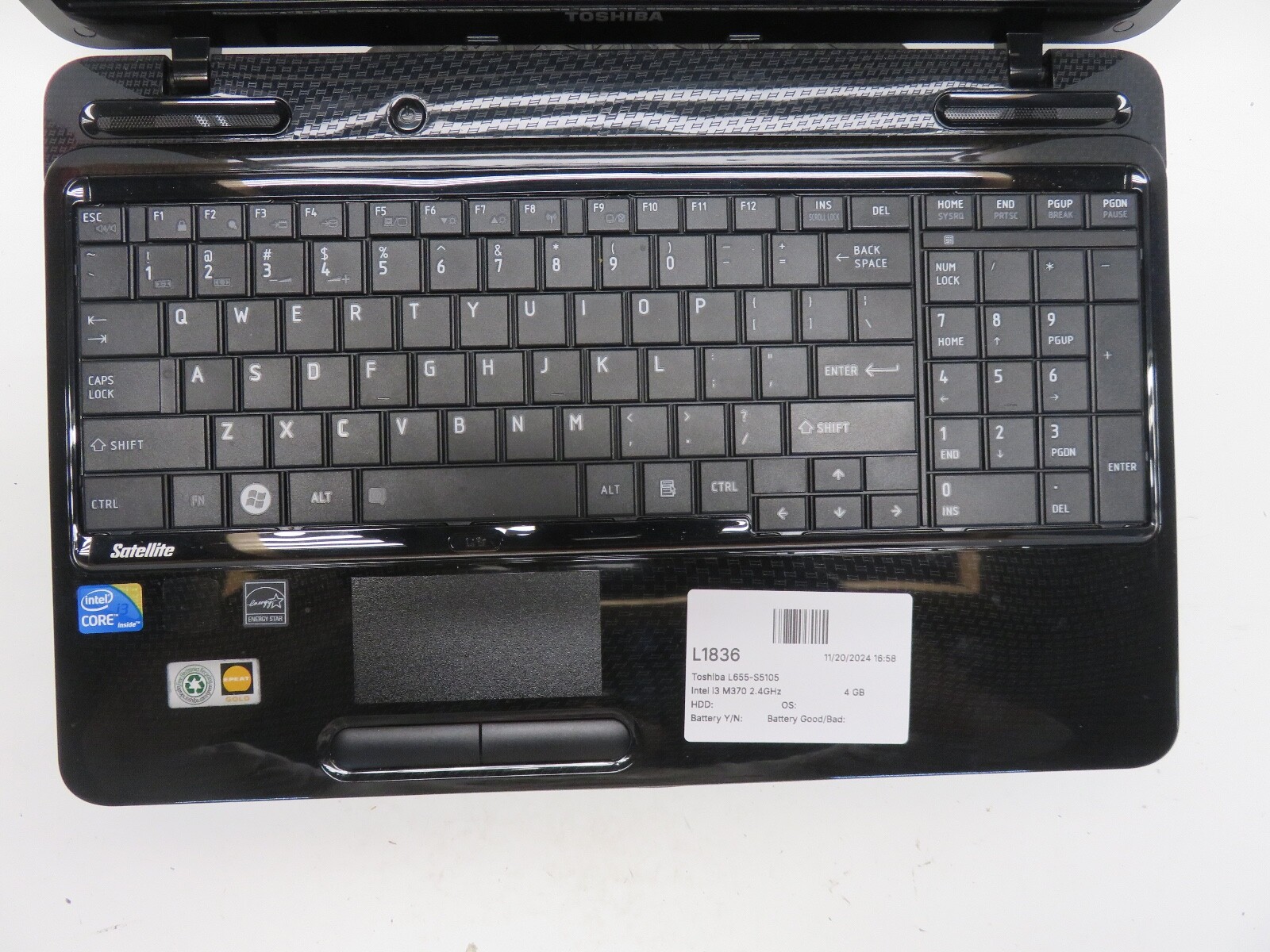 Toshiba L655-S5105 Intel i3 M370 2.4GHz 4 GB NO HDD No Batt