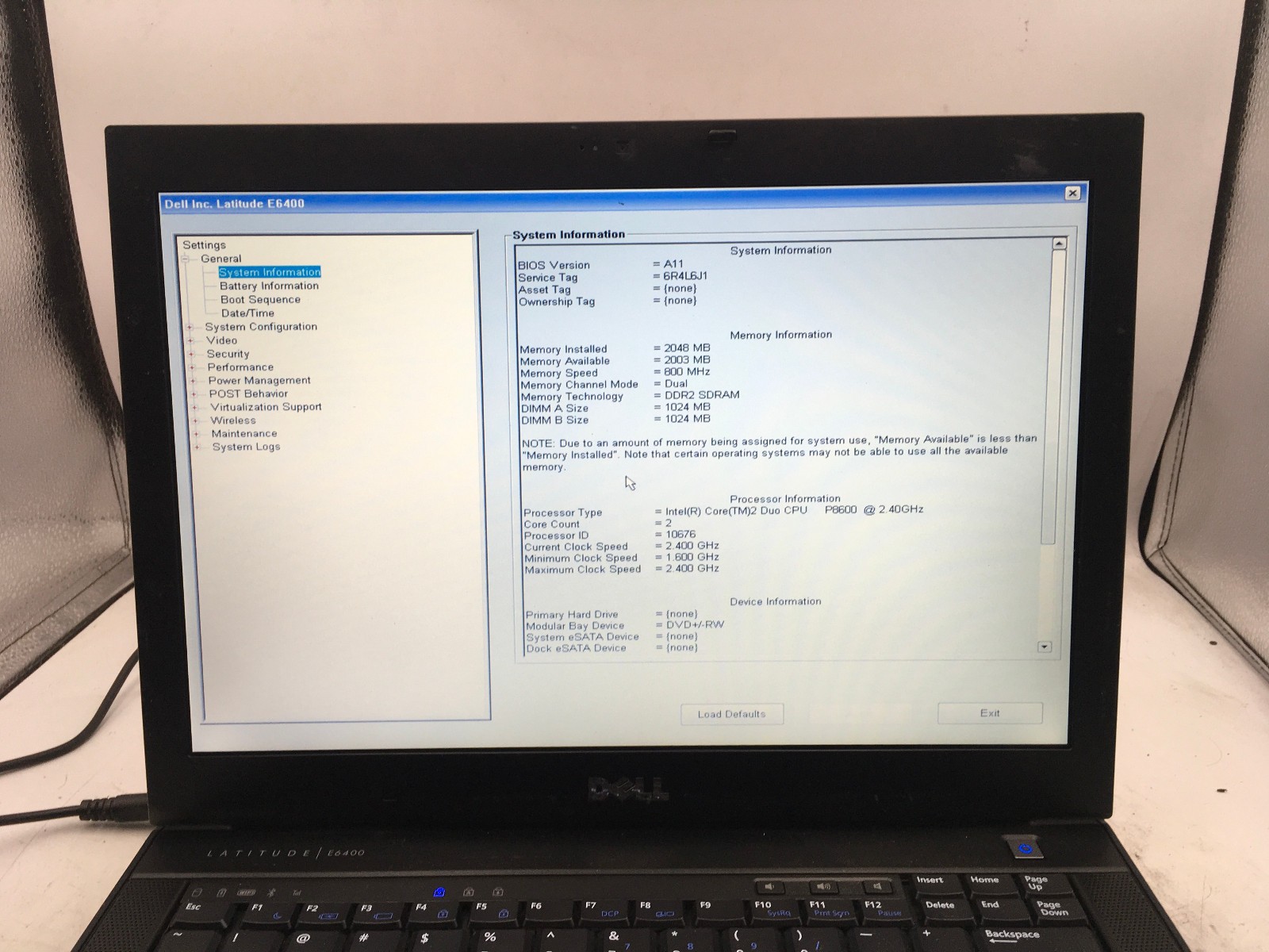 DELL LATITUDE E6400 – BOOTS TO BIOS – INTEL CORE 2 DUO P8600 – 2GB RAM – READ-BB