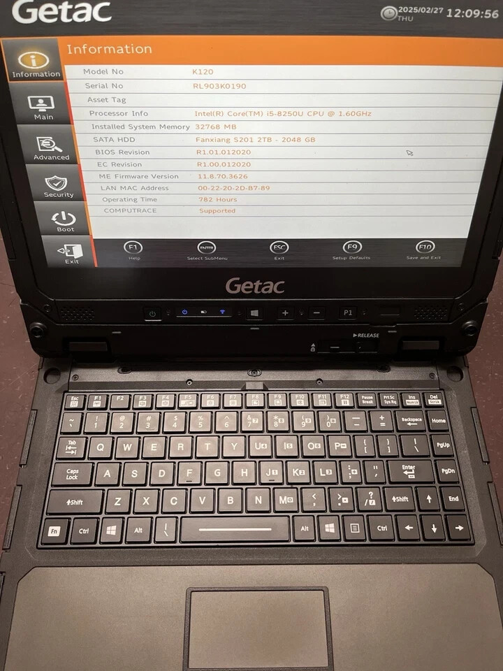 Getac K120 Rugged Toughbook Touch i5-8250U 1.60Ghz 32GB 2TB SSD Win 11 785 Hour