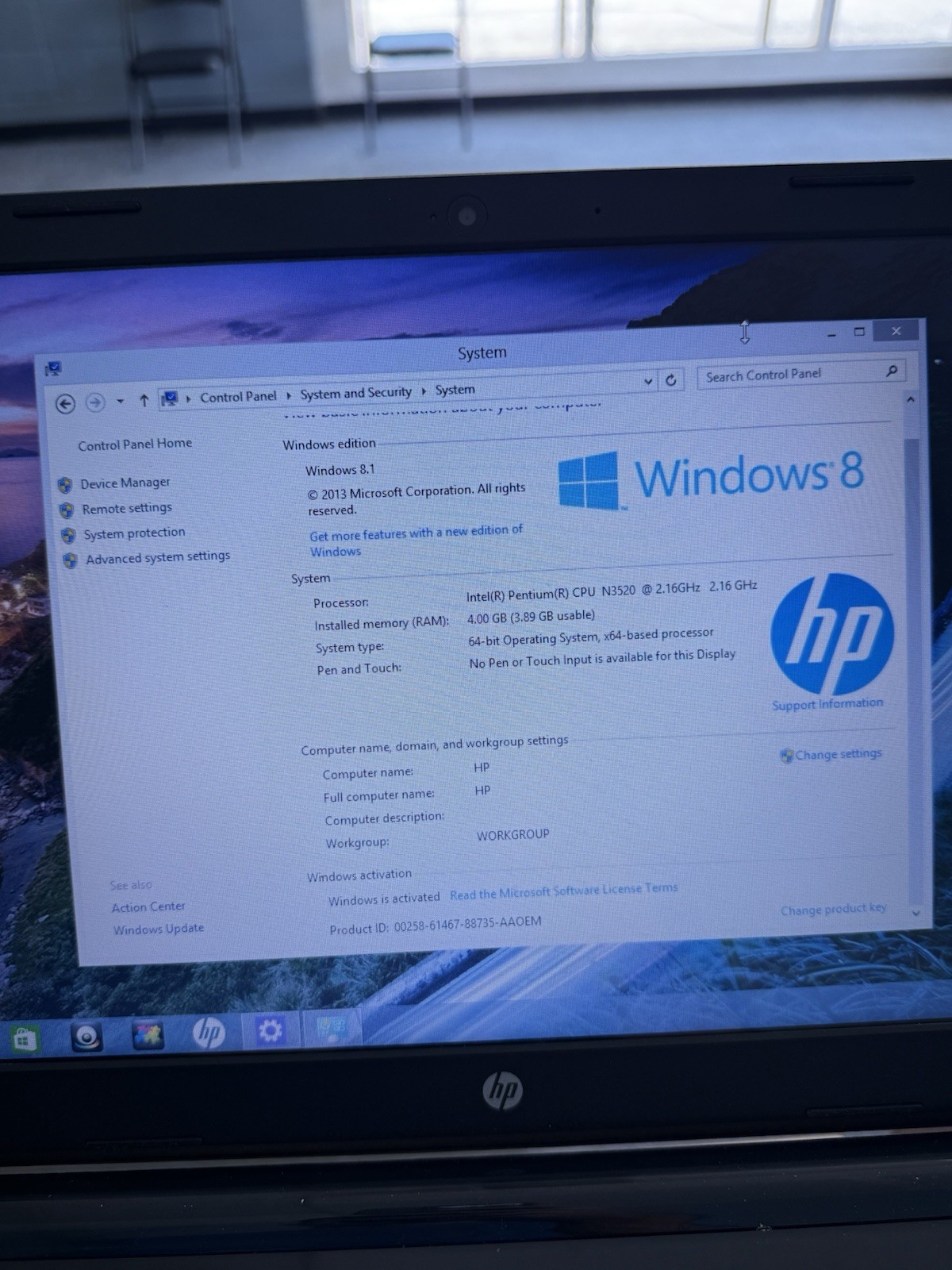 HP 15-r029wm Intel Pentium n3520 2.16 GHz 4GB RAM Win 8