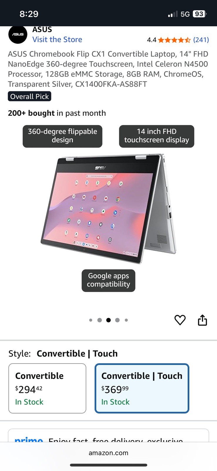ASUS Chromebook Flip CX1 Convertible Laptop 14 FHD NanoEdge 360-degree Rotation