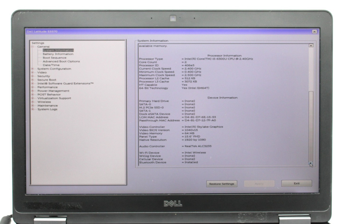 Dell Latitude E5570 i5-6300U@2.4GHz 8GB DDR4 NO STORAGE OR OS *USED/TESTED*