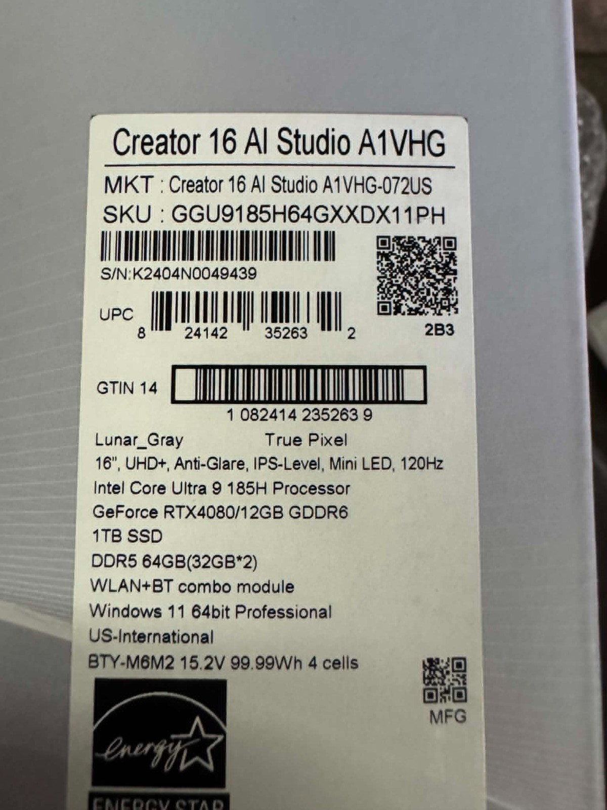 MSI Creator 16 AI Studio A1VHG 16.0″UHD+ Core Ultra 9 185H 64GB 1TB RTX 4080