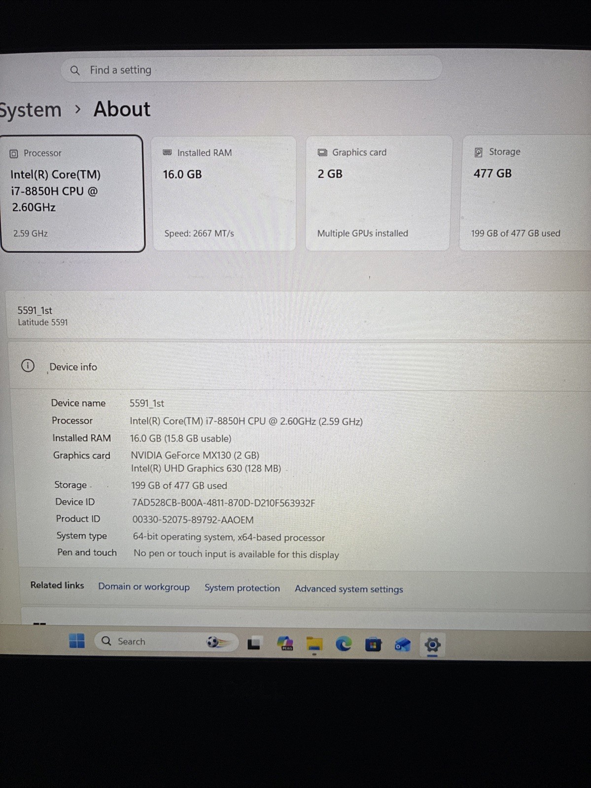Dell Latitude 5591 i7-8850H, 16GB, 512GB, Win 11 Pro, NVIDIA MX130, Battery Good