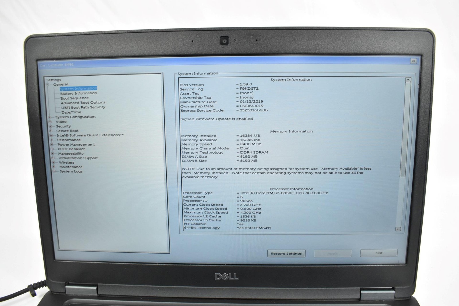 Dell Latitude 5491 Laptop i7-8850H 2.6GHz 16GB 256GB SSD No OS 14″ *See Details*