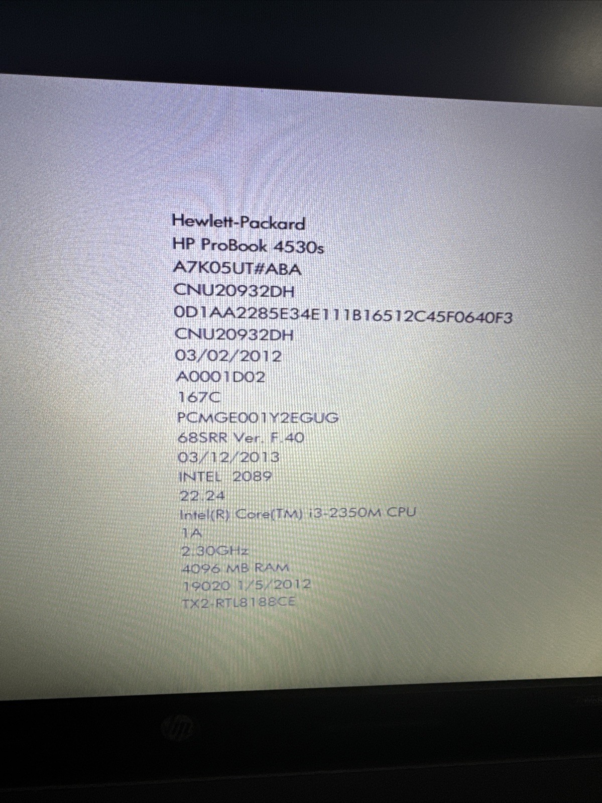 HP ProBook 4530S Intel Core i3 4gb Ram NO HDD