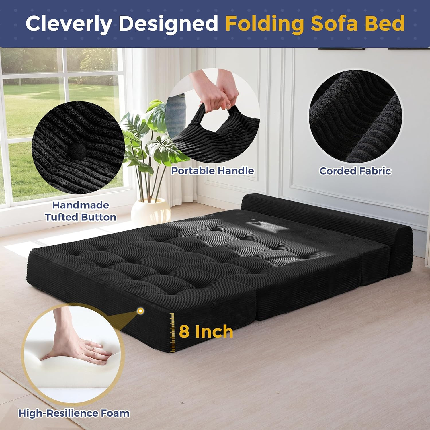 8″ Folding Sofa Bed, Fold Out Chair Bed, Convertible Floor Sofa Couch, High-Dens