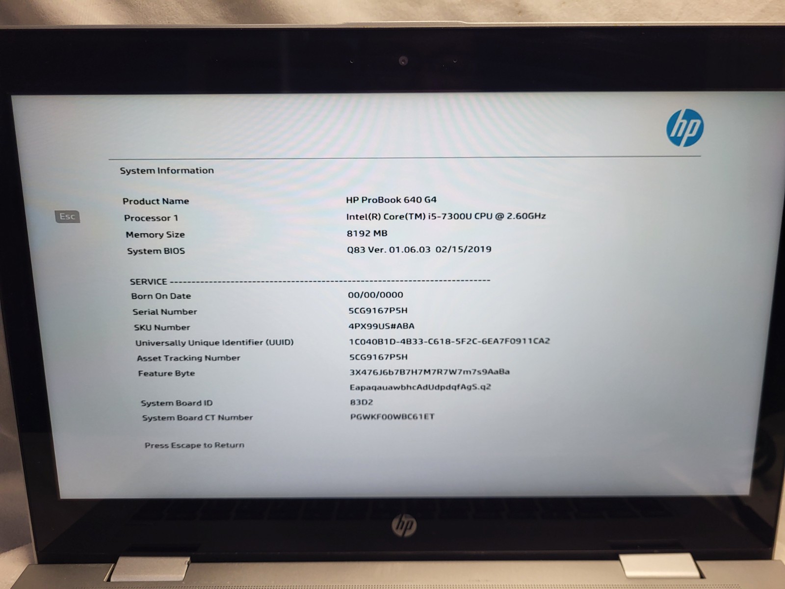 HP ProBook 640 G4 i5-7300u 2.60GHz 8GB RAM Touch Screen No HardDrive