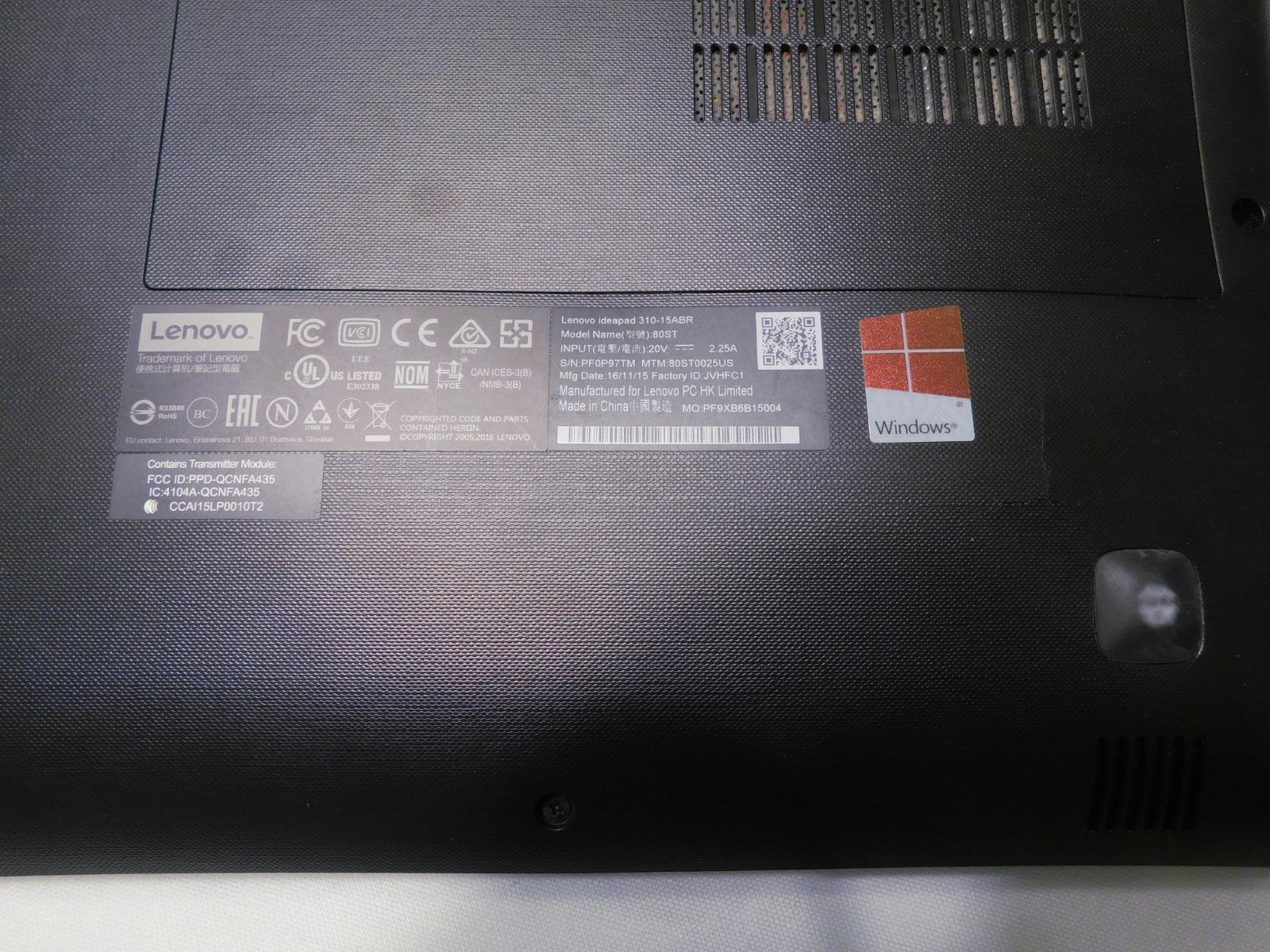 Lenovo ideapad 310-15ABR Laptop Model 80ST FOR PARTS OR REPAIR with AC Adaptor