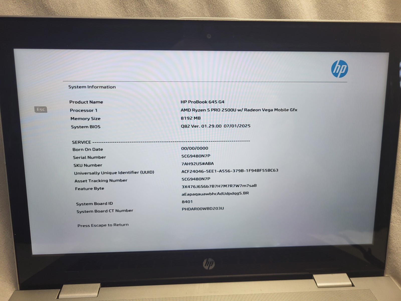 HP ProBook 645 G4 Ryzen 5 Pro 2500u 2.0GHz 8GB RAM Touch Screen -No hard drive