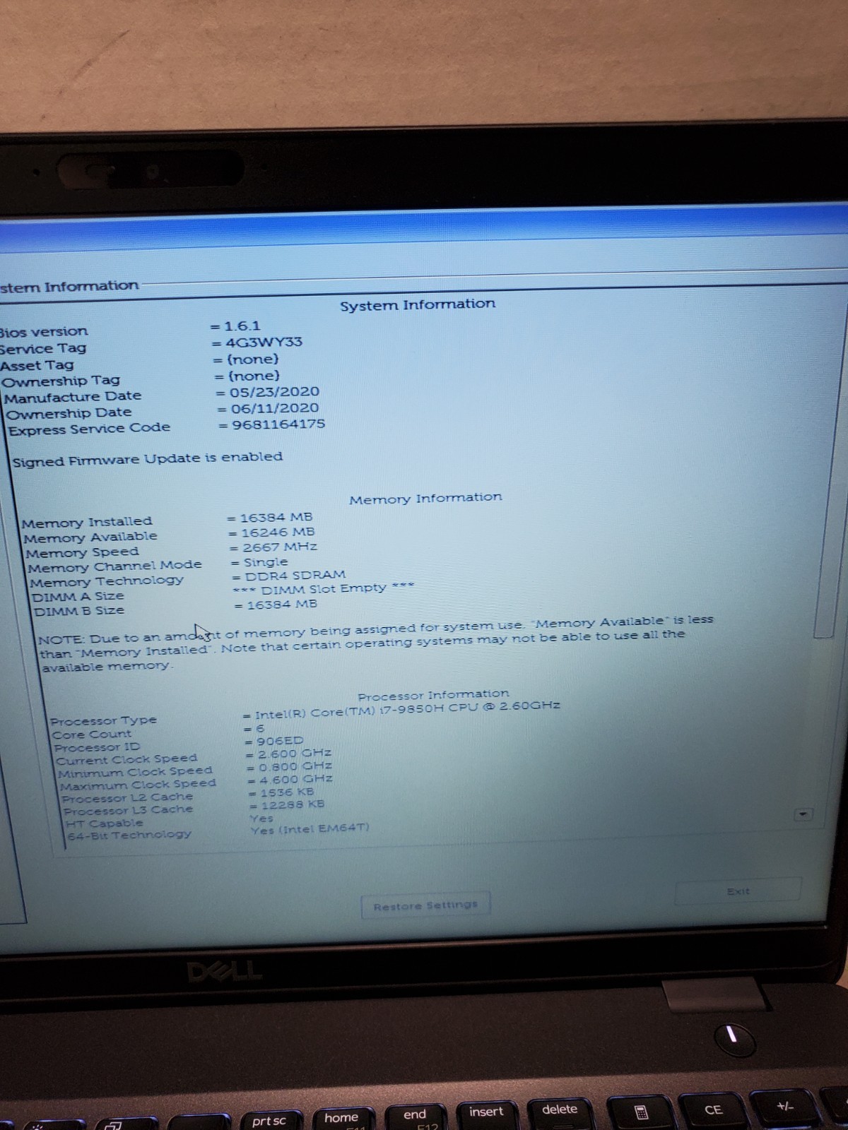 Dell Precision 3541 15.6 i7-9850H 2.60GHz 16GB 256GB SSD Quadro P620 Win11 #69