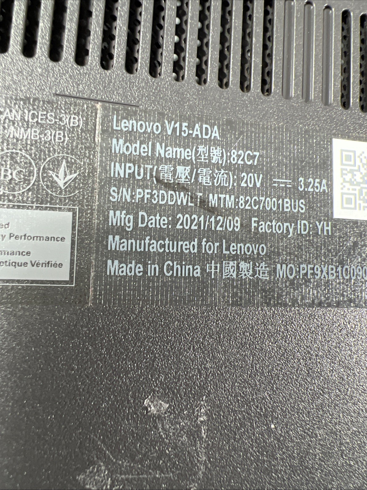 LENOVO V15-ADA AMD ATHLON GOLD 3150U 8GB RAM **NO HD/ NO CADDIE/ NO OS