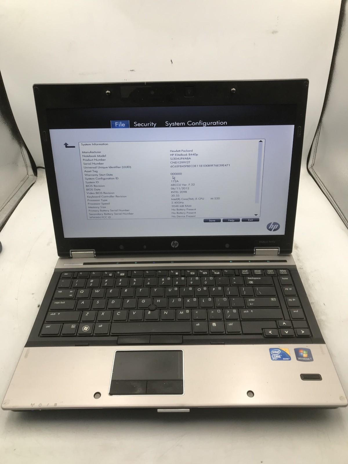 HP ELITEBOOK 8440P – BOOTS TO BIOS – INTEL I5 M520 – 2GB RAM – RREAD DESCRIP -BB