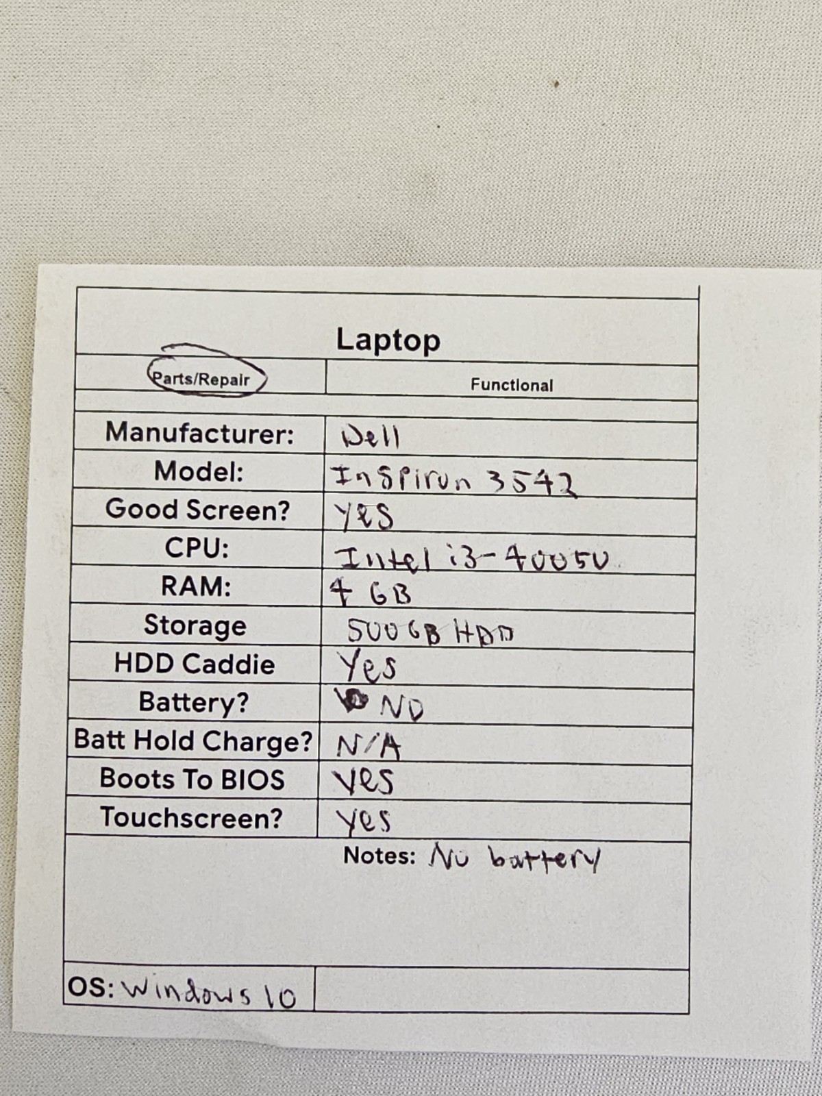 Dell Inspiron 3542 Laptop – i3-4005u – 4GB RAM – 500GB HDD – NO BATTERY – Win 10