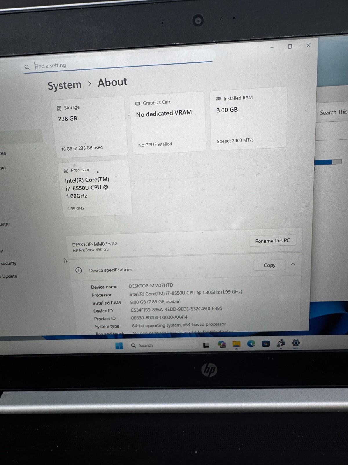 HP ProBook 450 G5 Core I7-8550U 256GB SSD 8GB RAM Laptop *READ #6266