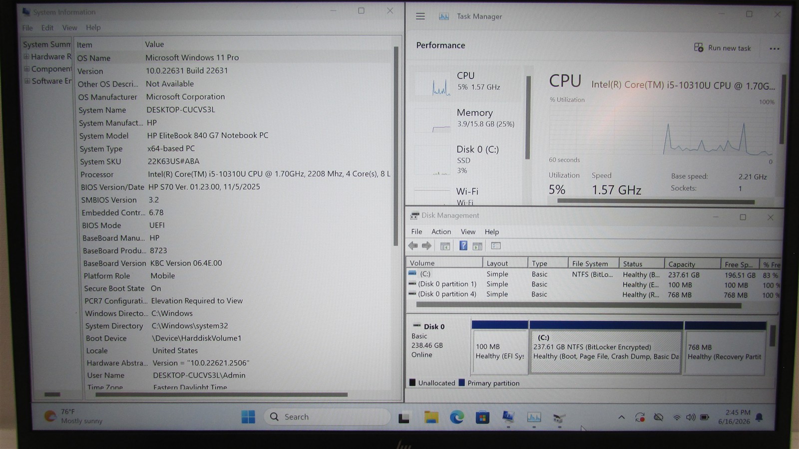 HP Elitebook 840 G7 i5-10310U 1.7GHz 16GB RAM 256GB NVME 14″ W11 Pro Touch DENTS
