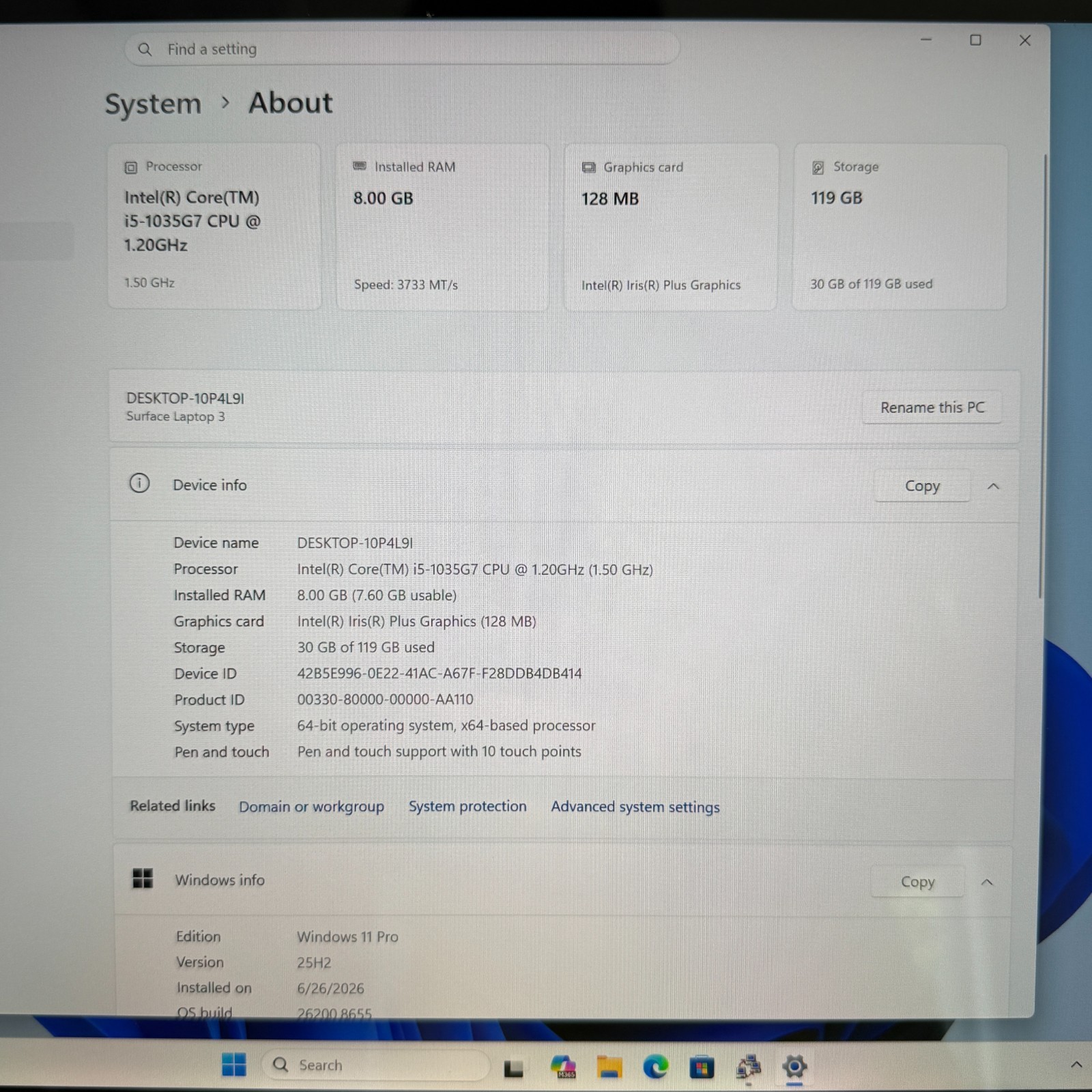 Microsoft Surface Laptop 3 1867 13.5″ i5-1035G7 8GB 128GB SSD Win11 Pro FAIR