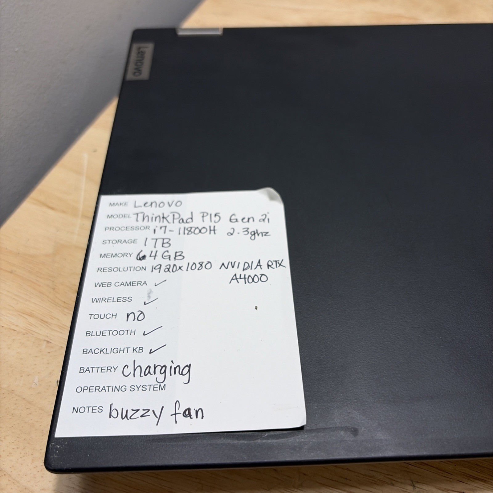 Lenovo ThinkPad P15 Gen 2i Core I7-11800H 2.3GHZ 64GB 1TB Nvidia RTX A4000 Read
