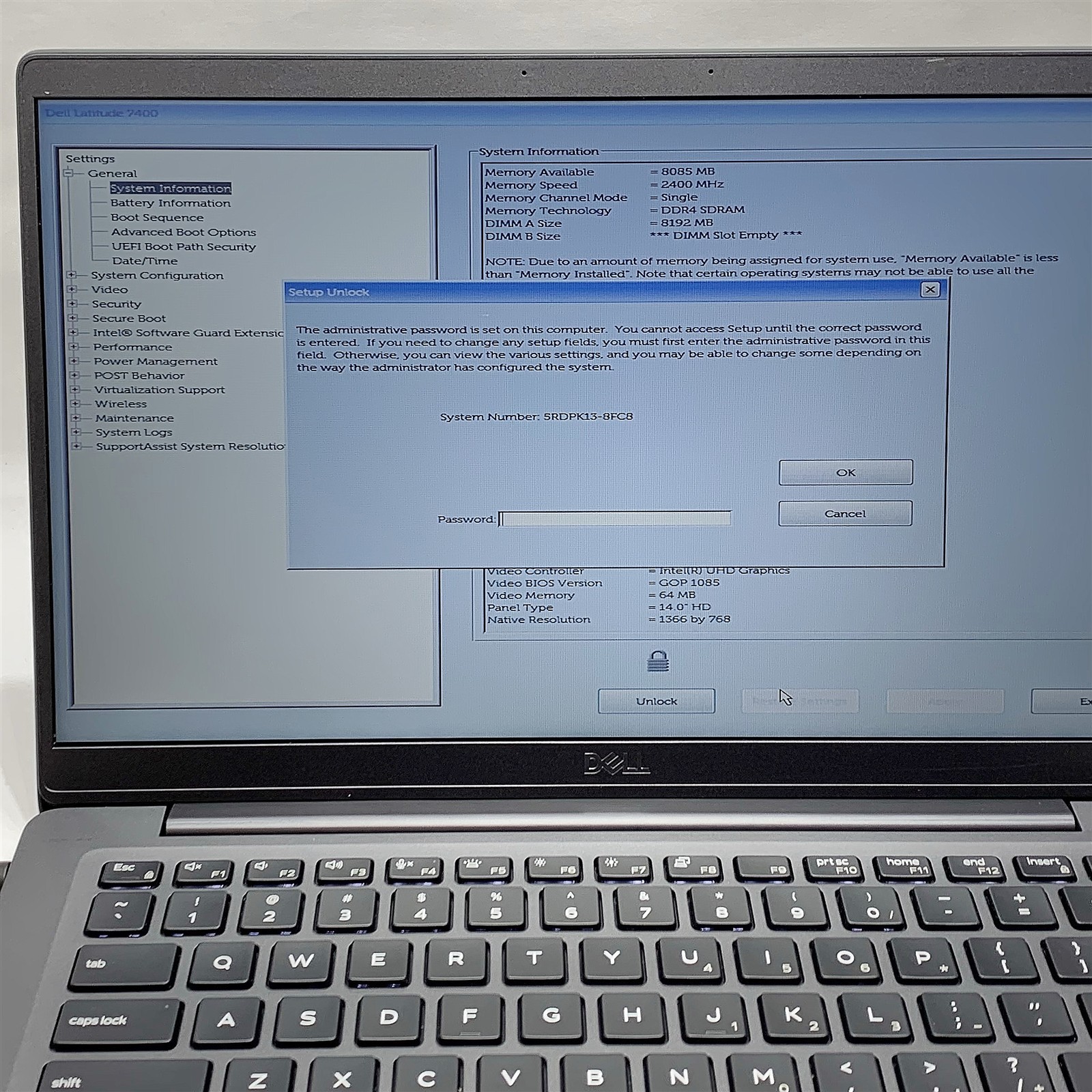 Dell Latitude 7400 Laptop i5 8265U 1.60GHZ 14″ HD 8GB NO HDD/BATT BIOS LOCKED