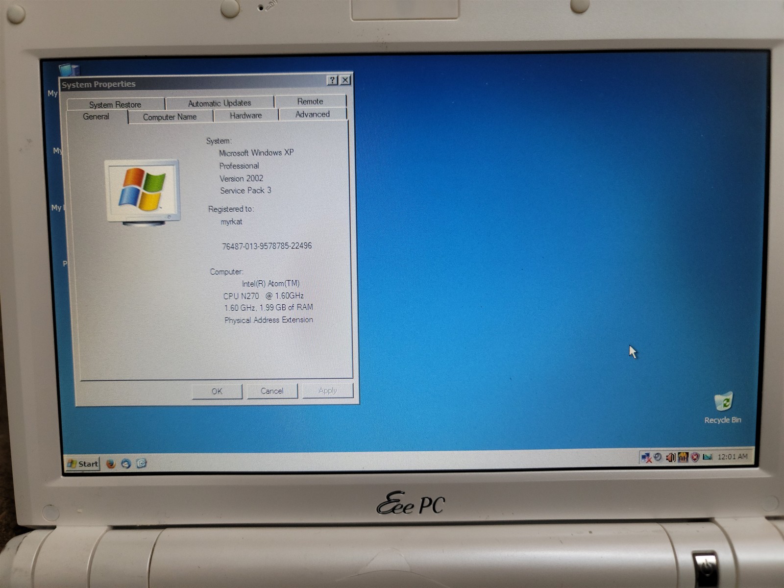 Asus Eee PC 900A Laptop, Intel Atom 1.60 GHz , 1.99 GB RAM, Windows XP Pro SP3
