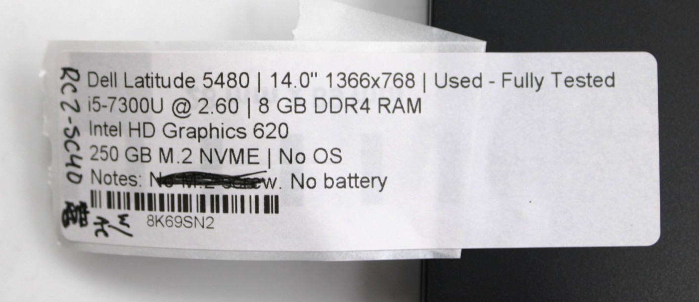 Dell Latitude 5480 i5-7300U@2.60GHz 8GB DDR4 250GB NVMe NO OS *USED/TESTED*