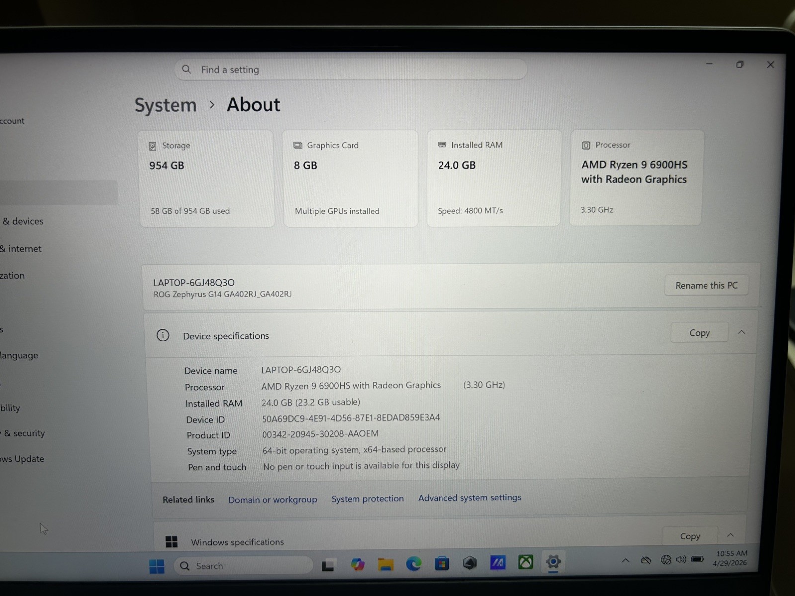 ASUS ROG Zephyrus G14 14″ Gaming Ryzen 9 6900HS 16GB RAM 1TB M.2 SSD RX 6700S