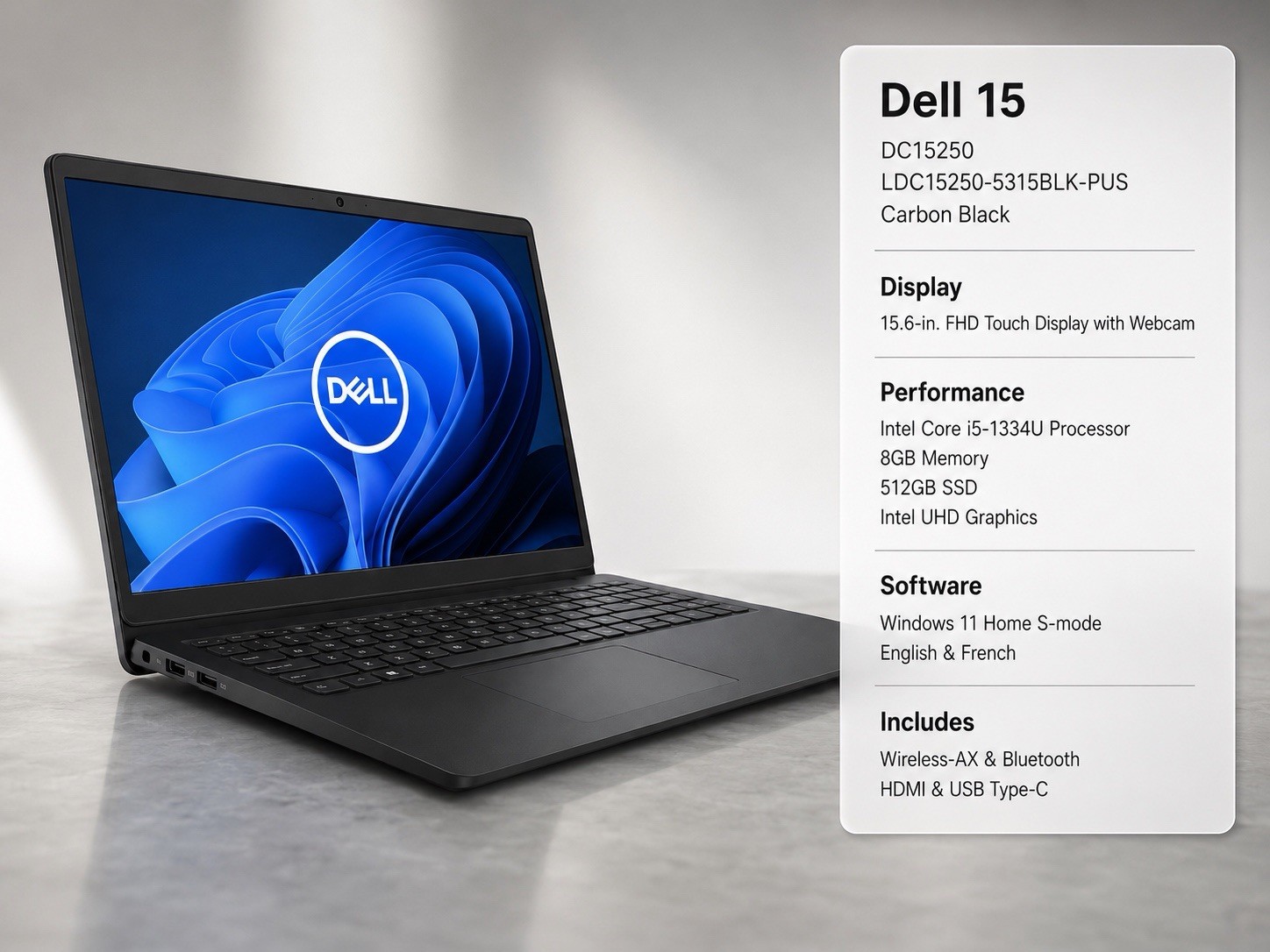 Dell 15 DC15250 15.6” FHD Touch Laptop i5-1334U 8GB 512GB SSD Black New