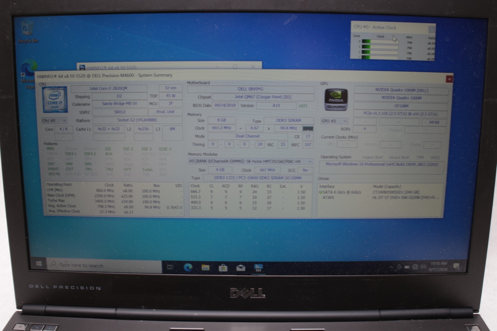 DELL PRECISION M4600 i7-2720qm 2.3ghz 8GB RAM 240gb SSD SATA WIN 10 PRO 051
