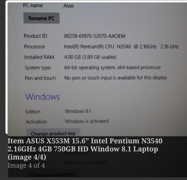 ASUS X553M 15.6″ INTEL PENTIUM N3540 2.16GHZ 4GB 750GB HD WINDOW 8.1 LAPTOP