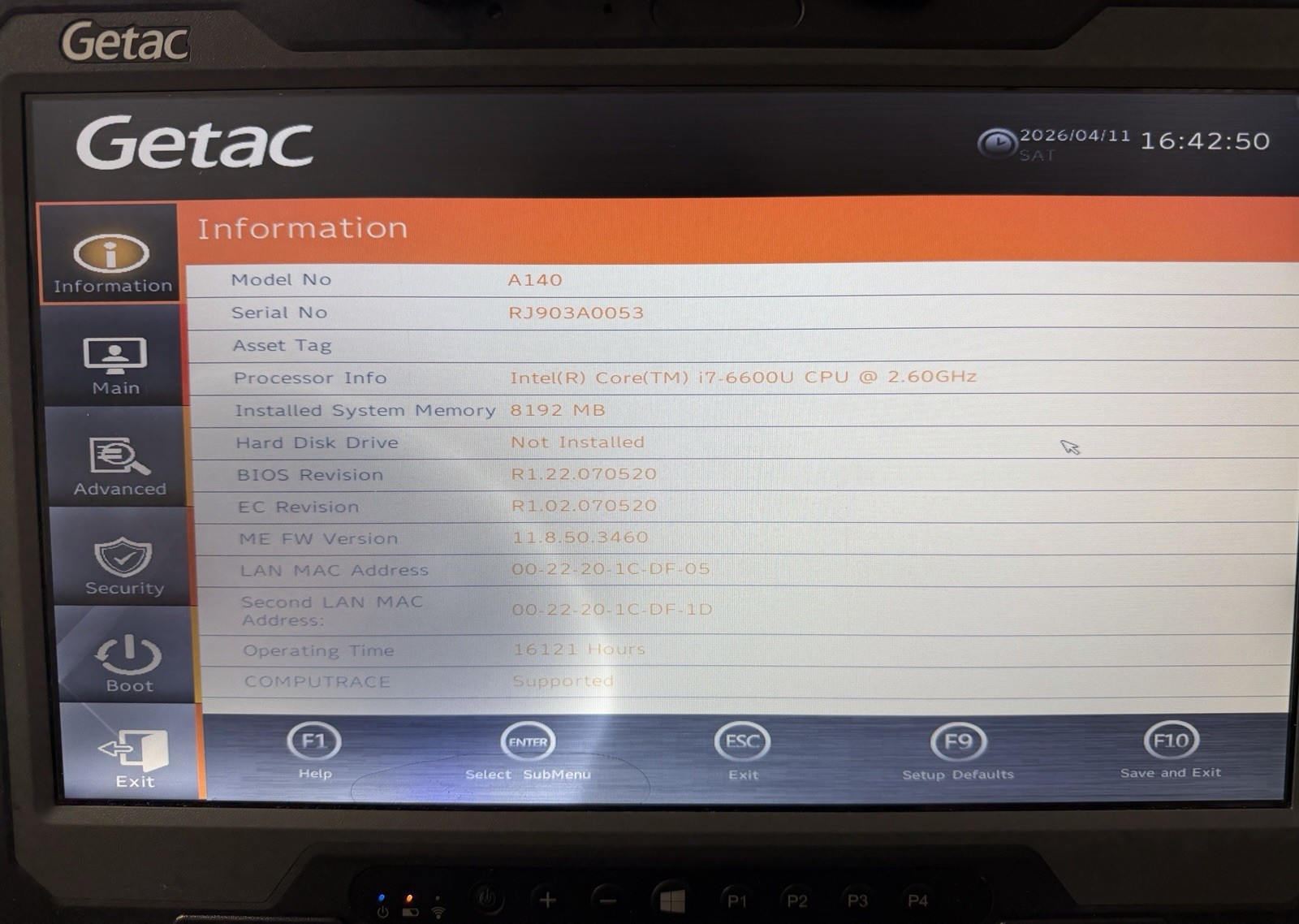 GETAC A140(G1) Rugged Tablet 2.60GHz i7-6600U|256GB-W11|8GB RAM SCREEN AS-IS #3