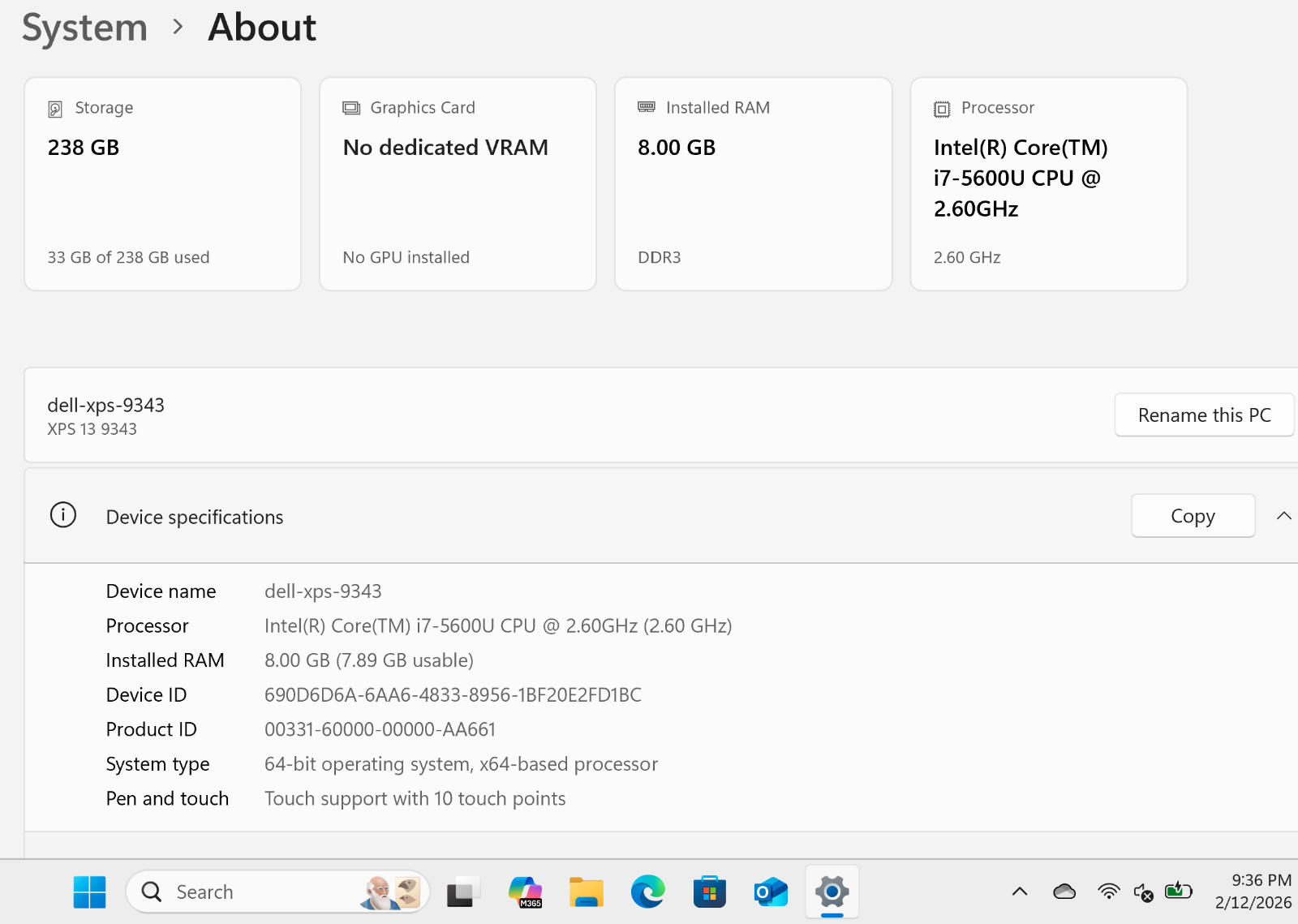 Dell XPS 13 9343 13″ QHD+ Touch I7-5500U 256GB SSD 8GB W11 Webcam