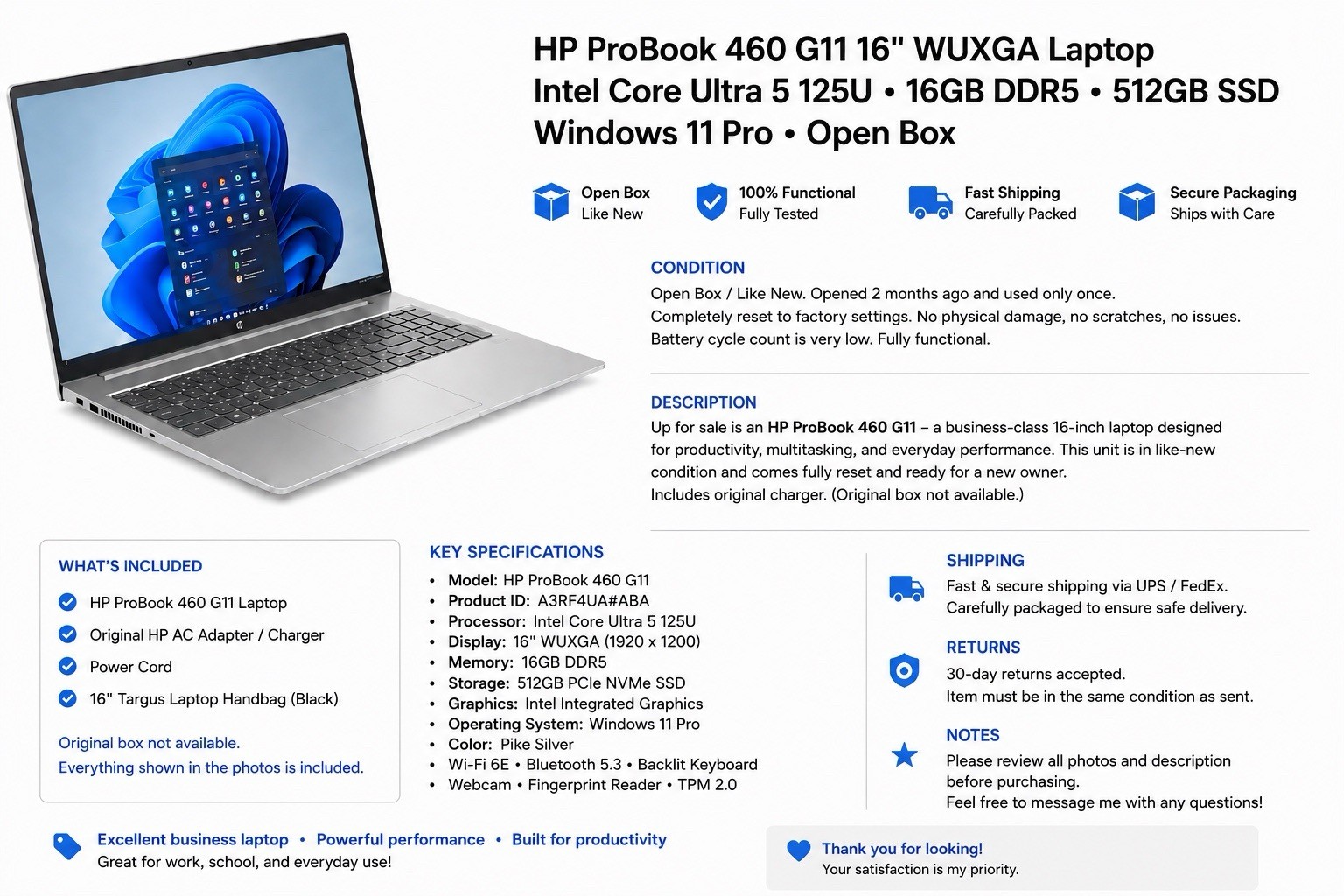 HP ProBook 460 G11 16″ WUXGA Laptop Intel Core Ultra 5 125U