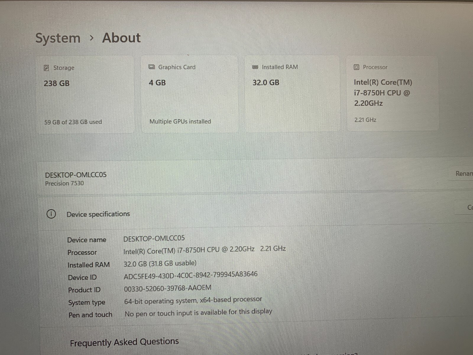 Dell Precision 7530 Laptop Intel i7-8750H 2.2GHz 32GB RAM 256GB NVIDIA P1000