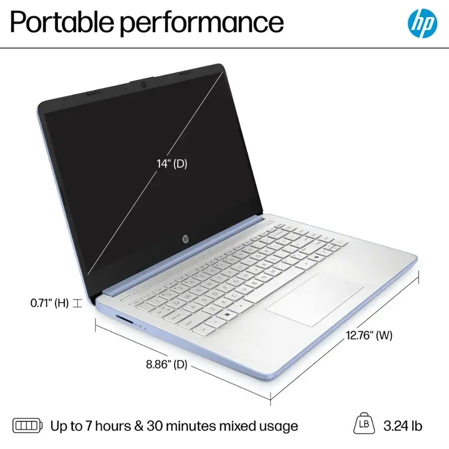 HP 14 in HD Laptop Intel N150 Up To 16GB RAM 128eMMC (+256GB SD Card, optional)